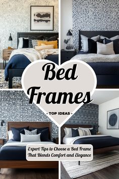 four different pictures with the words bed frames top ideas in black and white color scheme