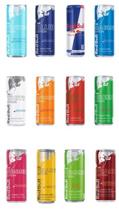 twelve cans of energy drink with different flavors