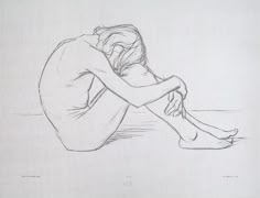 a drawing of a woman sitting on the ground with her head down and hands behind her back