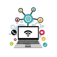 an open laptop computer surrounded by social media icons and symbols, including the internet connection