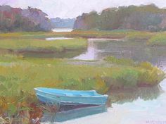 a painting of a blue boat in the water next to some grass and trees with mountains in the background