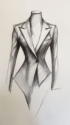 a black and white drawing of a jacket on a mannequin's torso