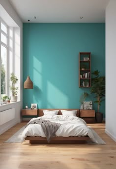 Fresh and modern: Nifty Turquoise paint for your bedroom in 2024! 🎨✨ Elevate your space with this vibrant hue. Check it out now! #InteriorDesign #HomeDecor #BedroomInspiration #TurquoisePaint #ModernDecor Bedroom Wall Colors 2024, Turquoise Blue Paint, Turquoise Interior Design, Turquoise Paint, Pastel Turquoise Paint, Turquoise Bedroom Ideas, Aqua Blue Bedroom Walls, Teal Bedroom Paint, Turquoise Wall Paint