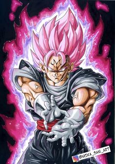 a drawing of gohan with pink hair and purple eyes, in front of a black background