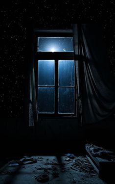 a dark room with an open window and stars in the sky as seen from inside