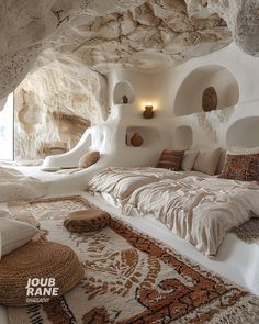 a bed in a cave like room with pillows on the floor and rugs on the ground
