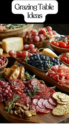 A beautifully crafted grazing table featuring cured meats, cheeses, fruits, and crackers arranged elegantly for a party.