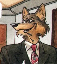 a drawing of a wolf in a suit and tie sitting at a desk with papers