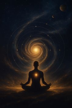 a man sitting in the middle of a space filled with stars and planets, surrounded by circles