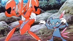 an animated image of two pokemons in the woods