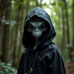 an alien in a hoodie is standing in the woods