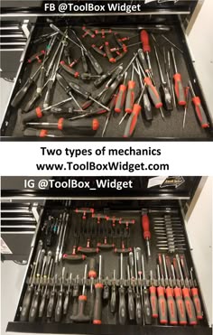 two types of mechanics tool box with tools in it