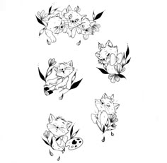 four different drawings of cats and flowers