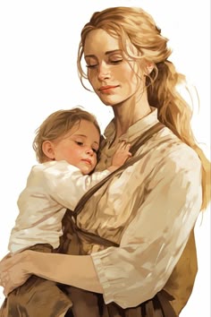 a painting of a woman holding a baby in her arms and looking at the camera