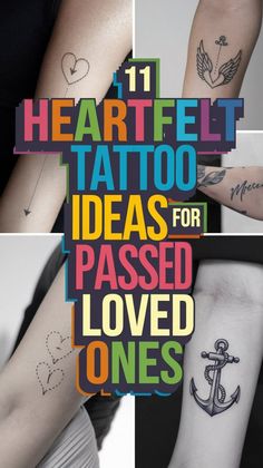 four different tattoos with the words heart and an anchor on one arm, two are written in