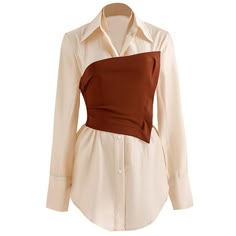 Dress Shirt With Corset, Corsets Shirts & Tops, Corset And Long Sleeve Shirt, Long Sleeve Shirt With Corset, Blouse With Corset, Long Sleeve Shirt With Corset On Top, Corset Over Long Sleeve Shirt, Shirt Corset, Elegant Fitted Brown Shirt