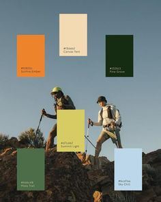 two people hiking up a mountain with color swatches