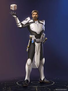 an animated man dressed in white and black holding up a small cube on his left hand