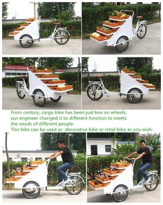 there is a man riding a bike with stairs on the front and back wheels that are made out of wood