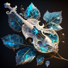 a violin is surrounded by leaves and other decorative items on a black background with blue lighting