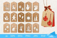 paper tags with christmas decorations and ornaments on them