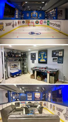 the inside of an ice rink with hockey equipment on it and pictures of other rooms