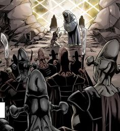 an image of a group of knights standing in the middle of a cave with their backs to each other