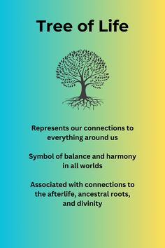Illustration of the Tree of Life on a blue to yellow gradient background. Text describes it as a symbol of connections, balance, harmony, and divinity.