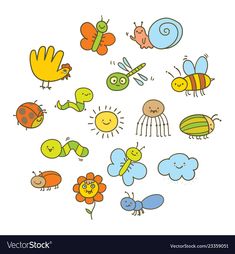cartoon bugs and caters set on white background