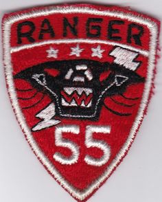 an embroidered patch with the number 55 on it and a red shield that says ranger