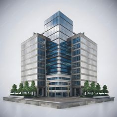 an office building with many windows and trees on the top floor, in front of a gray sky