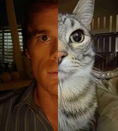 the man is posing with his cat in front of him