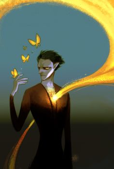 a man in a black suit with yellow butterflies on his hand and an orange swirl around him