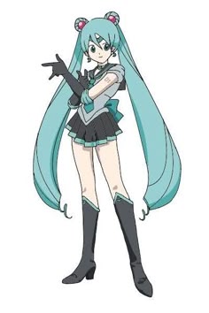 an anime character with long blue hair and black boots, holding her arms out to the side