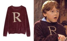 a sweater with the letter r on it is shown next to an image of a young boy