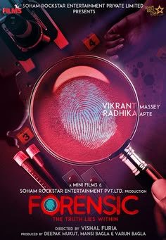 a movie poster with a magnifying glass and fingerprints on it's screen