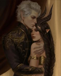 an image of a man and woman hugging each other with horns on their heads in front of a curtain