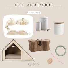 the contents of a cat house and accessories are arranged on a beige background with text that reads, cute accessories cruz's corner
