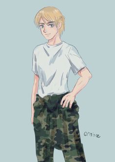a drawing of a boy with blonde hair wearing camo pants and a white t - shirt