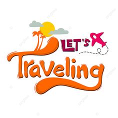 let's travel logo with an airplane and palm trees on the beach in orange