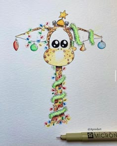 a drawing of a giraffe with christmas decorations on it's head and eyes