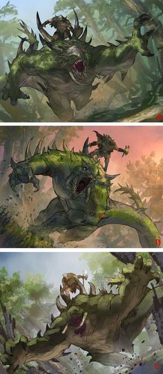 three different views of an animated creature in the middle of two pictures, one is green and