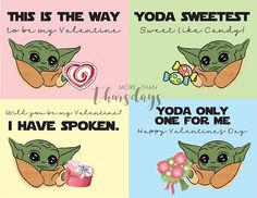 four cards with the words yoda, love and valentine's day