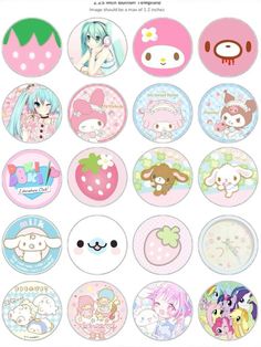 some buttons with different designs on them and an image of anime characters in the background