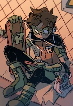 a drawing of a person sitting on the ground with a snowboard in their hand