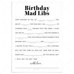 a birthday mad libs card with the words, happy birthday mad libs on it