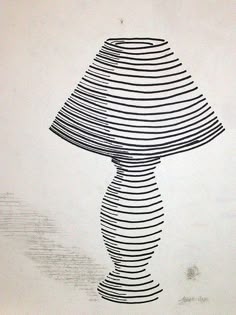 a black and white drawing of a large lamp on a table with lines drawn across it