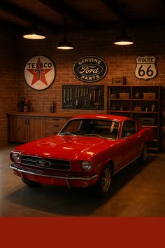 a red car parked in a garage next to two old fashioned signs on the wall