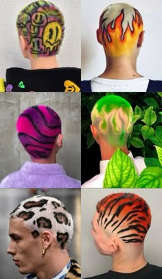 Tiger Buzzcut, Tiger Print Buzz Cut, Hair Dye Designs Shaved Head Men, Cheetah Print Hair Men, Painted Buzzcut Men, Died Buzz Cut Designs, Leopard Hair Men, Tie Dye Buzz Cut, Halloween Hair Buzzcut