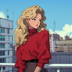 a woman with blonde hair standing on top of a roof in front of tall buildings